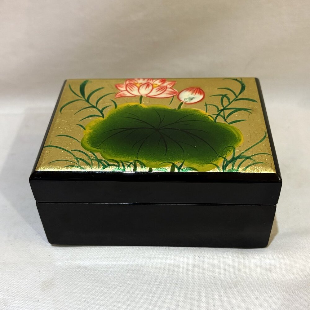 Vietnam Minh Phuong Wooden Lacquer Box w/ Mirror Hand Painted Lotus Flower